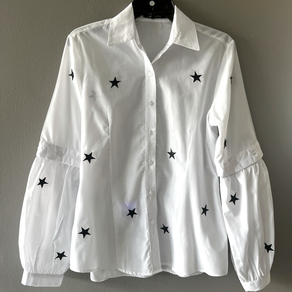 Jo Aguirre White Long Sleeve Button Up Shirt With Embroidered Stars Size Medium